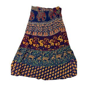 SMALL Vintage 70's Lerner Shops Wrap Skirt Elephant Block Print Hippie Festival